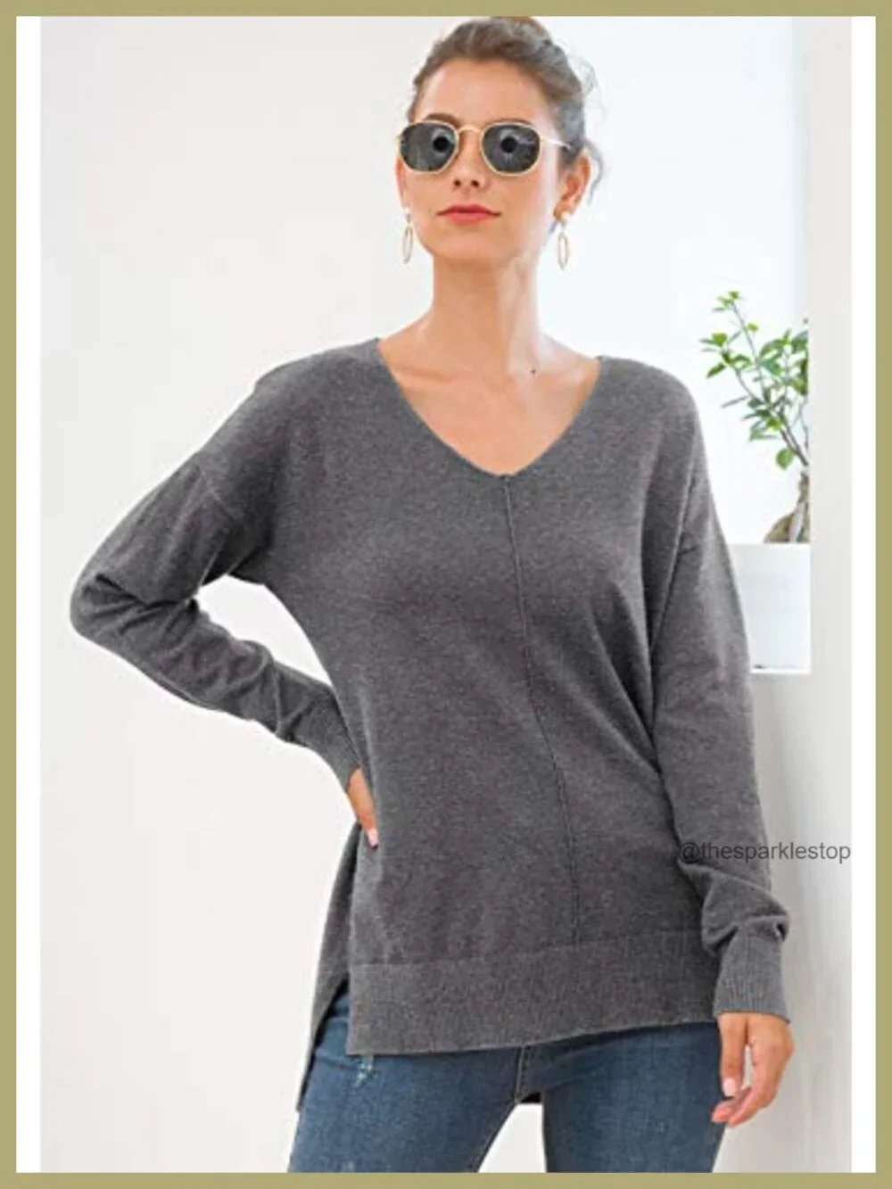 Women's V-Neck Batwing Sleeve Sweater Pullover Lightweight Knit